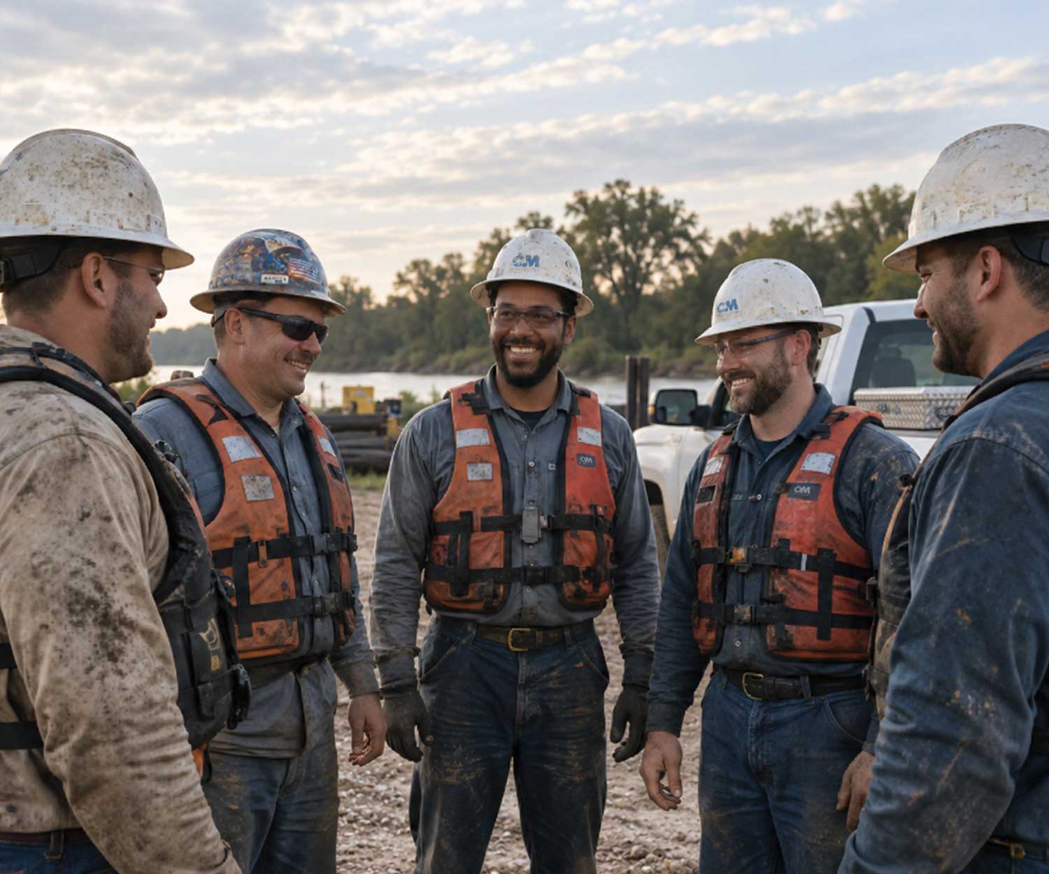 C&M Dredging field crew gathered at a worksite