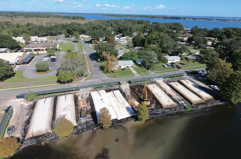 Aerial view of the geotextile tube dewatering site beside Lake Lorraine
