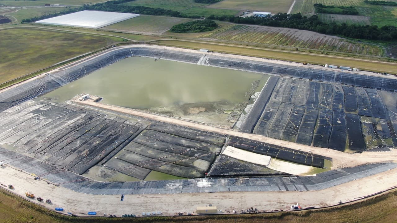 Aerial view of the lined containment system at the Piney Point closure project