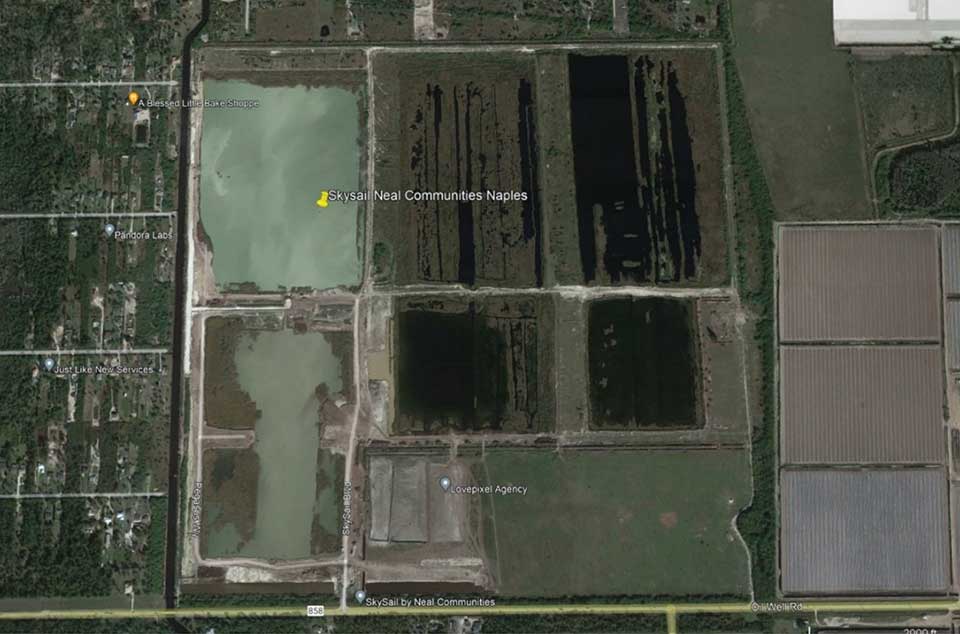 Skysail development site before dredging, showing existing lakes across the parcel