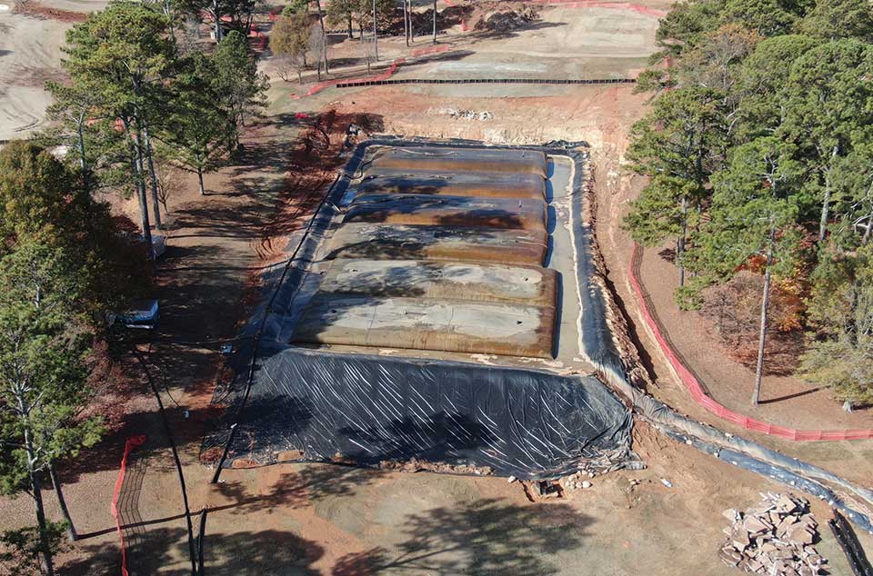 Lined containment area with geotextile tubes at East Lake Golf Club