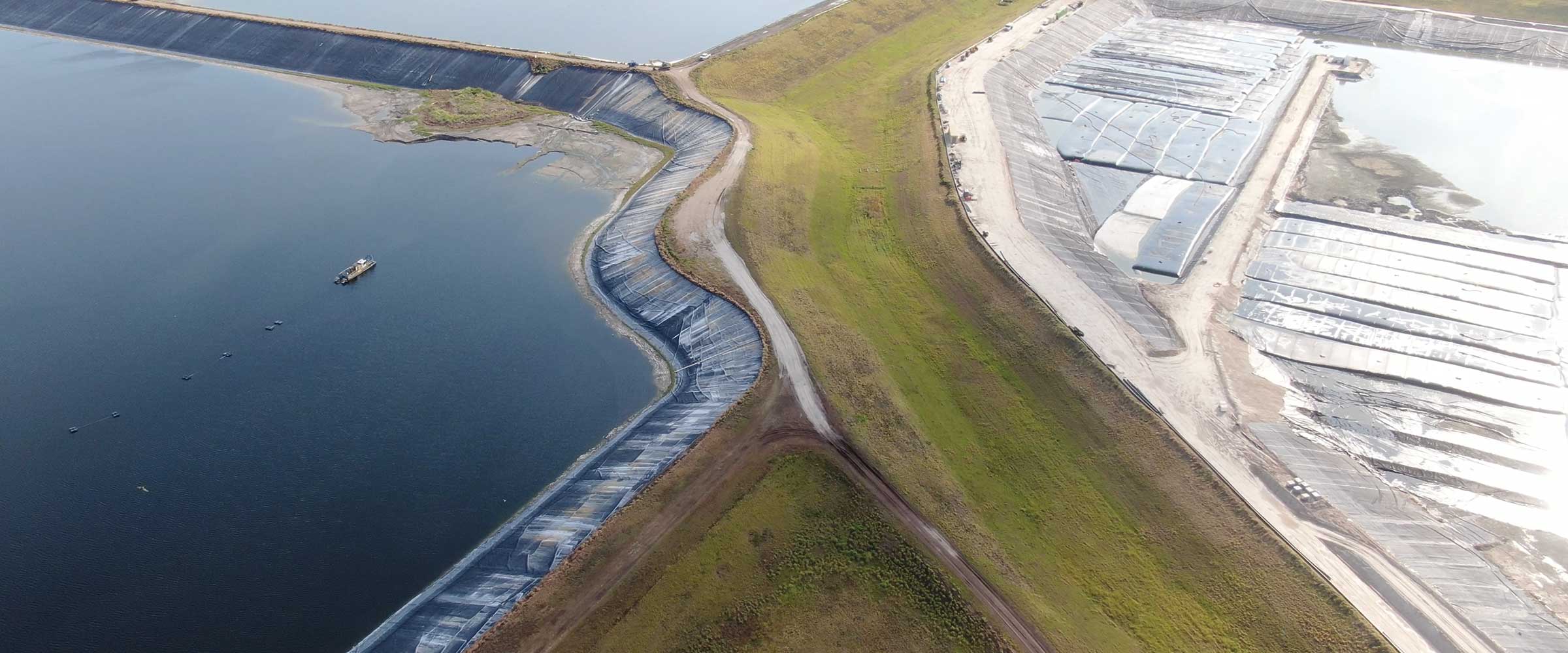 Aerial view of the Piney Point containment berm and shoreline
